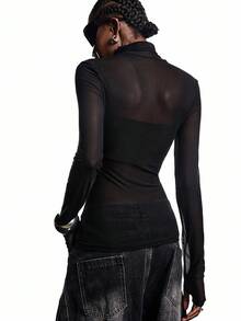 LYSMO 2025 New Arrive Minimalism Fall Winter Women's Turtleneck Long Sleeve Mesh Fitted Sexy T-Shirt Black Mesh Top Black See Through Top Mesh Top Long Sleeve Mesh Tops For Women Black Rhinestone Top,Black Tops