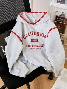 SHEIN 少女保暖内衬印花落肩宽松卫衣，秋冬季款 - 灰色 - 查看 3