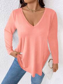 EMERY ROSE Plus Size Solid V-Neck Long Sleeve Casual T-Shirt For Spring Fall - Coral Pink - View 4