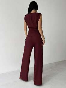 Firerie Khaki Minimalist Elegant Casual Commute Office Outfit: Sleeveless Asymmetric Ruched Waist Women's Blouse + Regular Ruched Wide Leg Women's Pants, Linen Commute Suit, Beach Outfits For Women, Airport Outfit, Vacation Outfits, Teacher Outfit