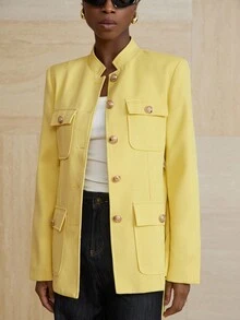 Aveloria Modichic Stand Collar Thick Tweed Single-Breasted Metal Button Decor Belt Utility Jacket - Yellow - View 3