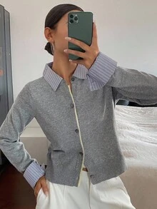 DAZY 女式撞色条纹拼布二合一休闲开衫 - 灰色 - 查看 4