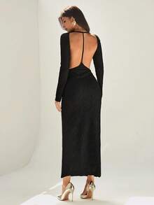 Chiquease Women's Elegant Black Textured Halter Neck Backless Slim Long Dress,Autumn Formal Dinner Evening Clothes For Graduation,Business Office Party Attire - Black - View 4