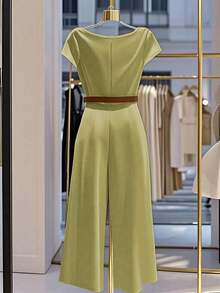 Franclia 女式纯色褶皱领口短袖优雅褶皱连体裤，夏季 - 綠色 - 查看 2