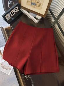 Franclia 时尚简约深灰色高腰女式超短裤，后拉链开合，适合日常通勤、约会和浪漫场合 - 酒紅色 - 查看 4