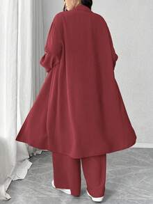 Elenzga 加大码褶皱纹理面料领长袖长衬衫和宽松直筒裤两件套休闲装 - 紅木色 - 查看 2