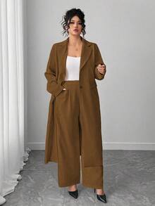 Elenzga 大码女式优雅翻领长款西装外套 + 裤子套装，杏色 - 棕色 - 查看 5