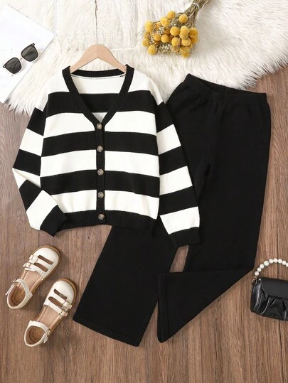 SHEIN 超大黑白条纹针织开衫搭配直筒裤，适合青少年女孩，适合居家、外出、聚会和返校穿着