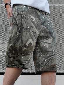 Manfinity LEGND 男士休闲树枝印花迷彩绿色宽松牛仔短裤，适合送给丈夫、男朋友的礼物 - 彩色 - 查看 1