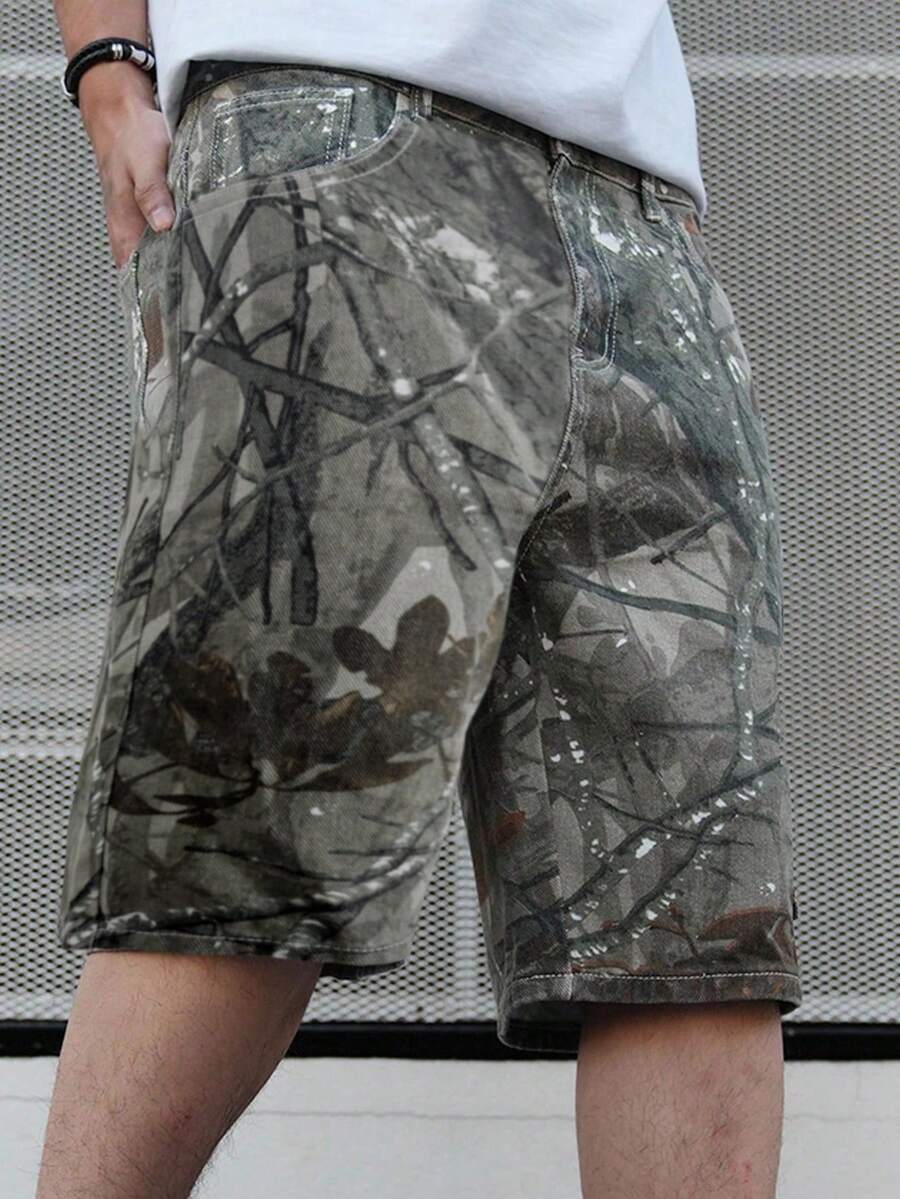 Manfinity LEGND 男士休闲树枝印花迷彩绿色宽松牛仔短裤，适合送给丈夫、男朋友的礼物 - 彩色 - 查看 1