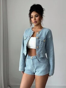 Siren Gaze Women's Light Blue Denim Suit Elegant Long-Sleeved Small Jacket + Mini Shorts French Exquisite Jacquard Denim Autumn And Winter Ins Wear - Medium Wash - View 6