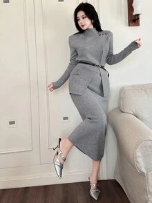 DAZY 2件套女士纯色无袖连衣裙和毛衣套装，秋季 - 灰色 - 查看 4