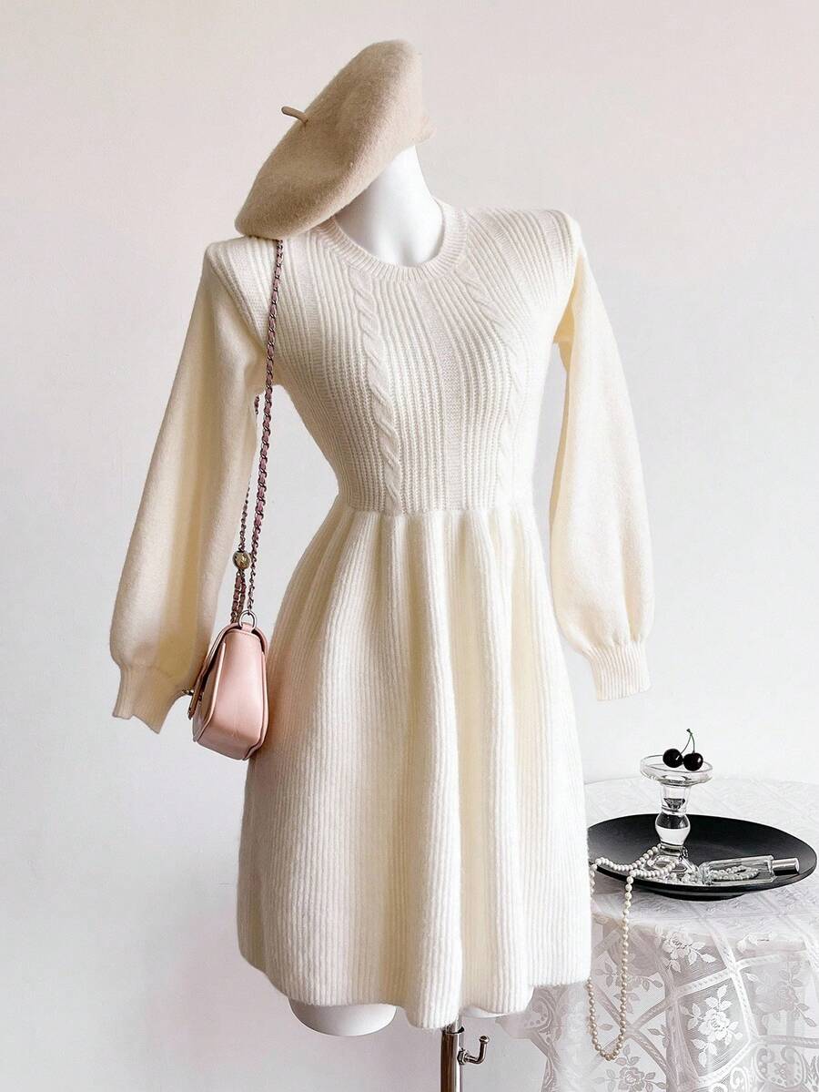 Vestido de suéter de manga larga elegante de punto de cable de unicolor para niña preadolescente en otoño/invierno