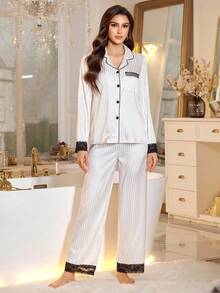 条纹提花仿丝撞色蕾丝长袖女式睡衣套装，秋季服装 - 米色 - 查看 3