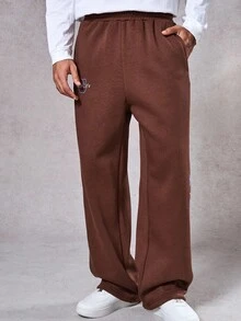 DAZY 男士秋季字母印花保暖内衬慢跑裤，街头风 - 棕色 - 查看 8