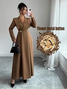 Elenzga Váy chữ A thanh lịch, cổ chéo, eo thắt eo, thiết kế hoa kim loại, phù hợp để đi làm, mùa thu/đông, màu nâu - màu nâu - Xem 3