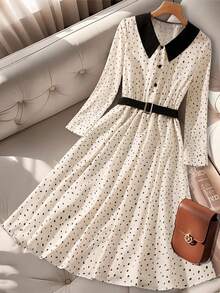 GlowEve 女士波尔卡圆点印花腰部喇叭形 A 字领优雅日常通勤商务法式浪漫约会派对圣诞节假期灯笼袖长袖杏色连衣裙 - 彩色 - 查看 3