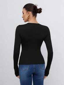 SHEIN Tall 女款 3 件組黑色長袖上衣，圓領休閒修身純色 T-shirt 套頭衫套裝，秋季春季日常基本修身上衣，適合高個女性 - 黑色 - 查看 3
