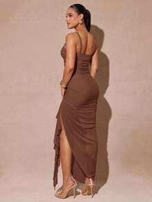 Silquee Elegant Sage Green Romantic Ruffle Sleeve High Slit Dress, Lace Bodycon Party Dress For Women, Suitable For Valentine's Day, Date, Wedding, Prom - Brown - View 2