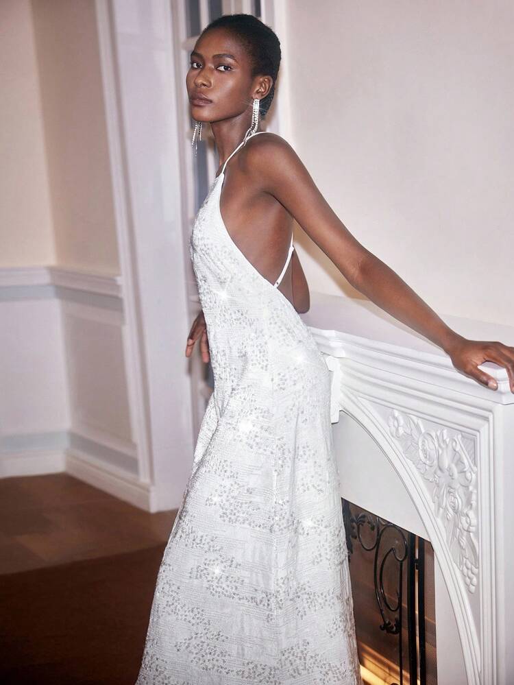 SHEIN Maija White Sequins Elegant Embellished Backless Off Shoulder Sleeveless Dress For Women, Suitable For Party, Christmas, Autumn/Winter Long Party Dress Dress For Wedding Guest Elegant Dresses For Women Sequin Skirt Autumn Dress Halloween Costumes Christmas Outfit For Women New Year Women Halloween Costume Women  New Year  White Dress Women Wedding Guest Dress Luxury Evening Dress For Women Shiny Dress  Women Dresses Autumn Winter Long Party Dress Stylish Clothing Collection