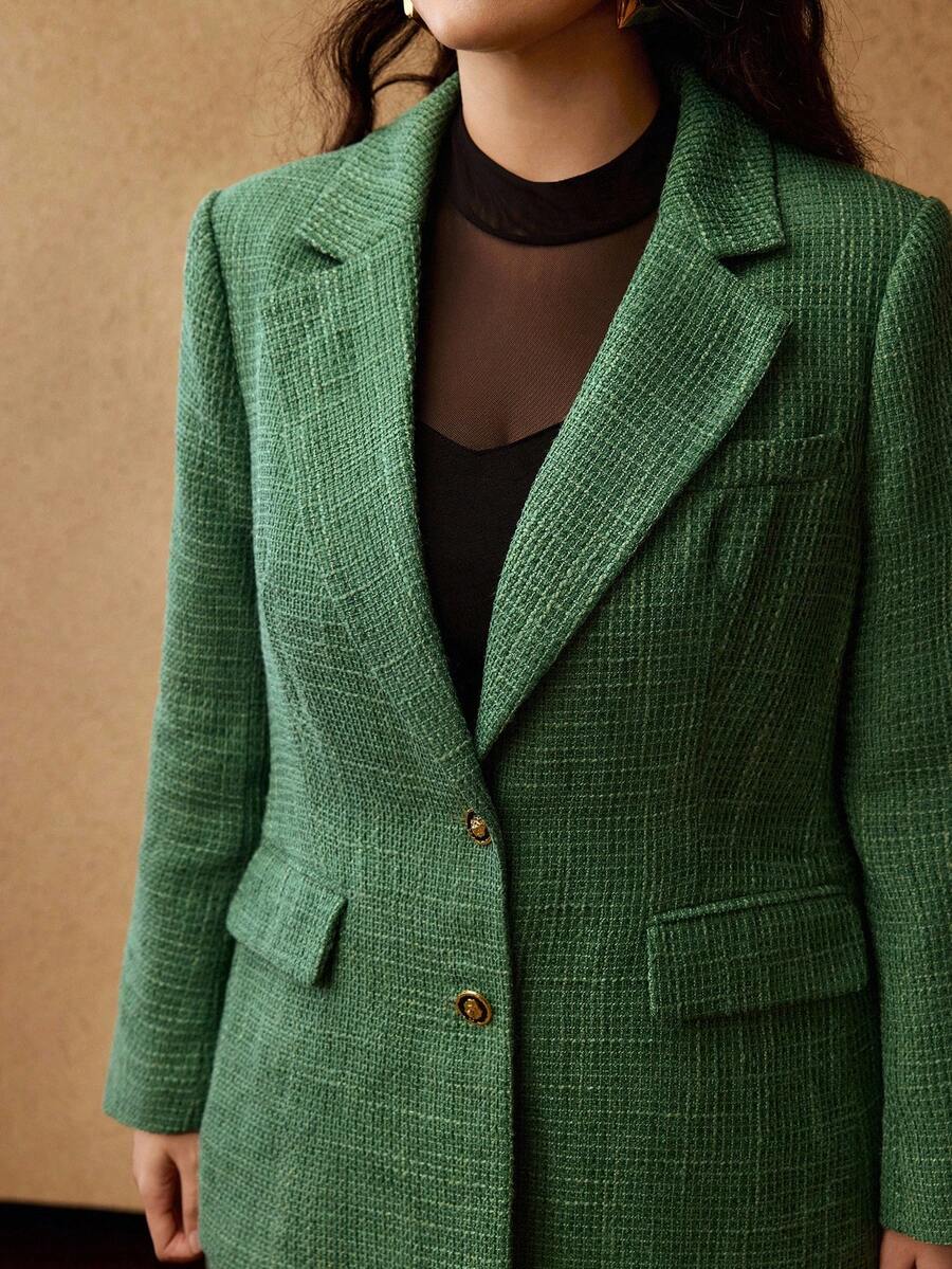 MOTF PREMIUM CHRISTMAS PLUS THICK TWEED STRUCTURED SINGLE BUTTON BLAZER, AUTUMN/WINTER - Green - View 2