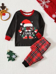 SHEIN 3 件套男婴紧身圣诞老人图案针织柔软圆领长袖上衣和红色格子松紧腰裤紧身睡衣套装，爸爸和我配套服装（单独出售） - 彩色 - 查看 4
