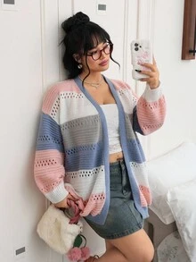 SHEIN EZwear 大码休闲拼色条纹镂空针织开衫，秋冬 - 彩色 - 查看 2