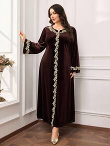 Al Najma Vestido elegante de estilo árabe con aplicaciones decorativas, de manga larga y holgado para mujer de talla grande - Café integral - Ver 6