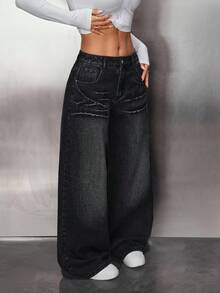 SHEIN PETITE Women's Autumn/Winter Thermal Lined Slant Pocket Wide Leg Jeans - Grey - View 4