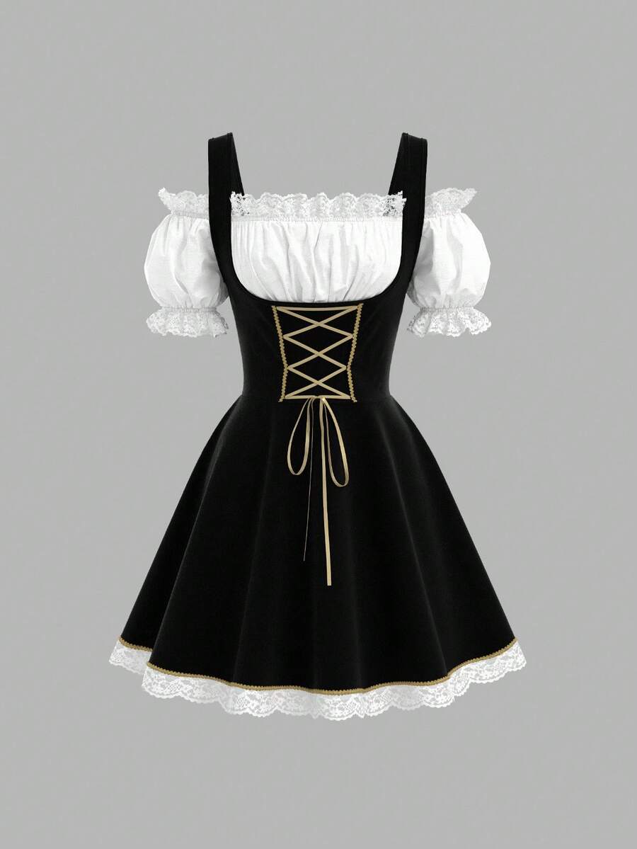 Sweetina 1 Set Shoulder Top And Spaghetti Strap Dress Suit, Suitable For Beer Festival Party, Includes Dress And Lining Shirt