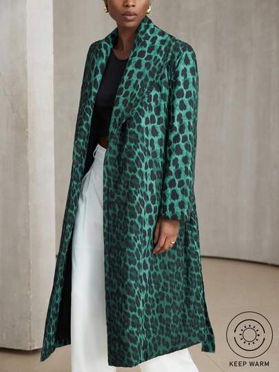 Aveloria Modichic 女士时尚超大翻领宽松系带豹纹印花夹棉长款外套，欧美风，秋冬