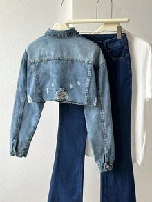 Elamini 破洞落肩袖短款牛仔夾克 - 淺色水洗藍 - 查看 2