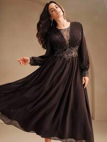 Anewsta 女士时尚新款性感镂空修身长袖水钻亮片优雅派对连衣裙 - 棕色 - 查看 5