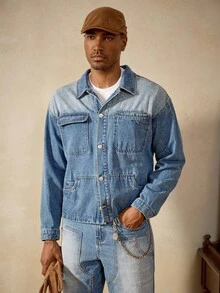 Manfinity Homme Ensemble veste et jeans multi-poches lavés pour homme, vêtements d'automne - Bleu azur - Voir 7