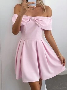 INAWLY Vestido Elegante e Delicado de Ombro Caído de Cor Sólida e Doce para Mulheres