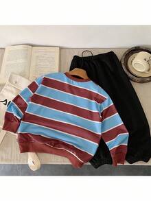 SHEIN 2pcs/Set Boys' Striped Sweatshirt Outfit, Cute Cartoon Design, Suitable For Outdoor Sports And Casual Wear, Autumn/Winter - Multicolor - View 5