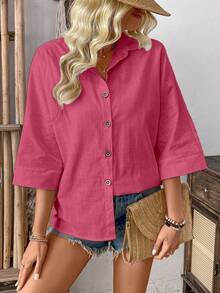 EMERY ROSE 休闲宽松七分袖纯色纽扣女式衬衫 - 紅色 - 查看 4