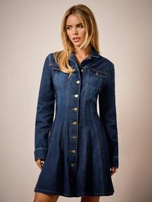 COSMINA Elastic Waist Long Sleeve Denim Dress, A-Line Midi Skirt, Casual Shirt Dress Style, Fall Dress For Women - Dark Wash - View 3