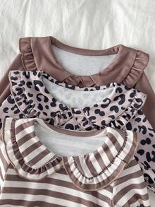 SHEIN 3 件女童秋冬彼得潘领长袖上衣 - 豹纹 + 纯棕色 + 棕白条纹汗衫套装 - 彩色 - 查看 6