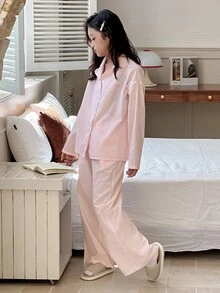 DAZY 2 件套青少年女孩休闲长袖上衣和裤子家居服套装，秋季 - 粉色 - 查看 5