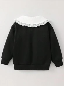 年轻女孩休闲百搭舒适彼得潘领圆领套头衫长袖纯色针织运动衫 - 黑色 - 查看 2