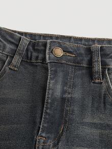 SHEIN Girlism Tween 女童 Y2k 复古水洗修身弹力牛仔喇叭裤，带斜口袋，适合夏季服装搭配 - 中等水洗藍 - 查看 3