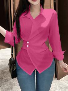 Chiquease 1pc Women's Solid Color Button & Ruffle Detail Elegant Office Long Sleeve Blouse Women Shirt - Hot Pink - View 3