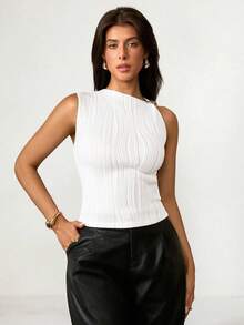 Chiquease Camiseta de mujer de unicolor con acento de metal texturizado, top blanco acanalado, top blanco sin mangas, top blanco curvo, top blanco elegante, top blanco plisado. Otoño para mujeres, otoño, otoño para mujeres, otoño para mujeres, otoño, mujeres de otoño, elegante, de moda, casual, de oficina, diario, todo a juego, temperamento urbano, atuendo profesional de maestra - Blanco - Ver 4