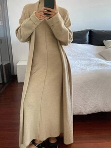 Livesso Women's Loose Jacket And Fitted Dress 2 Pieces Set, Autumn - Khaki - View 5