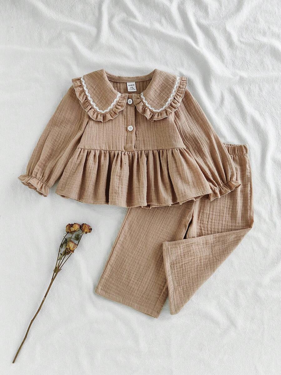 SHEIN Vintaside Kids 2 件套女婴休闲学院风翻领长袖上衣和裤子套装，适合春秋季日常穿着