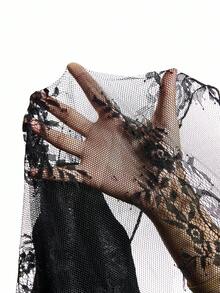 LYSMO Vestido largo holgado con cuello redondo y encaje de contraste para mujer