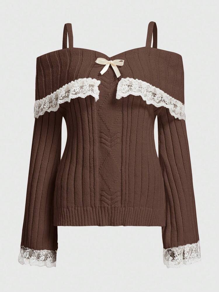 ROMWE Kawaii Débardeur en tricot avec garniture en dentelle, mode décontractée pour femmes