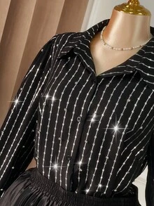 SHEIN Clasi Women's Black Long Sleeve Rhinestone Embellished Shirt - Black - View 1