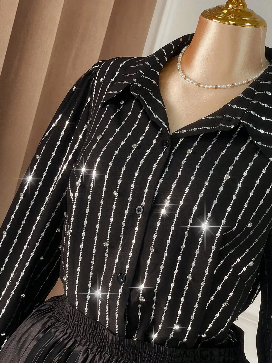 SHEIN Clasi Women's Black Long Sleeve Rhinestone Embellished Shirt - Black - View 1